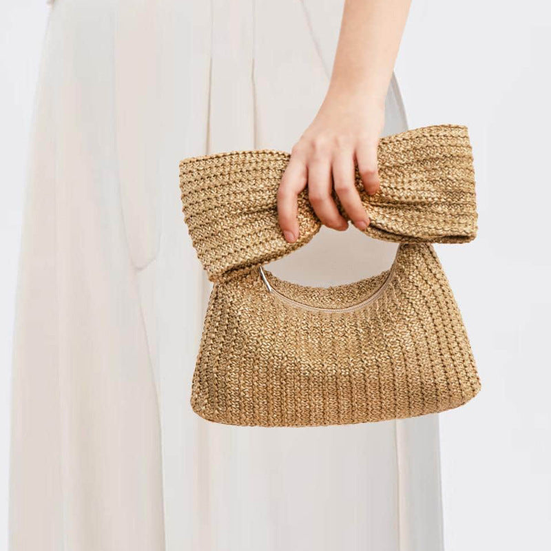 Bow-Handle Straw Evening Clutch
