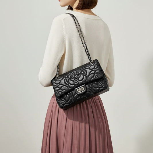 Rose Embossed Chain Shoulder Bag