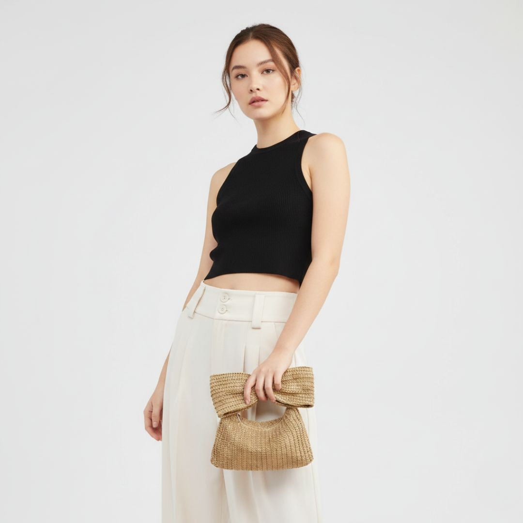 Bow-Handle Straw Evening Clutch
