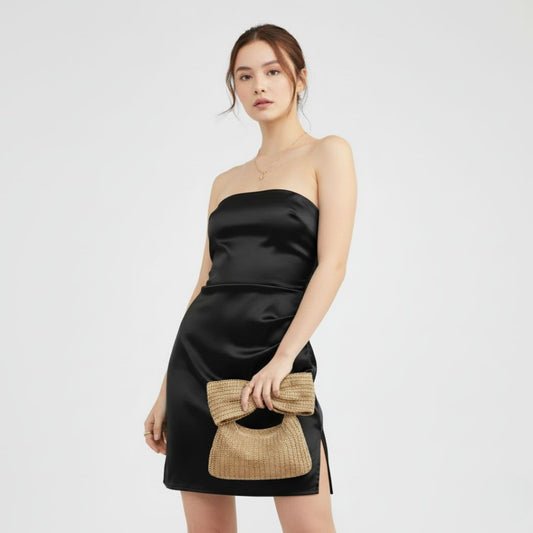 Bow-Handle Straw Evening Clutch